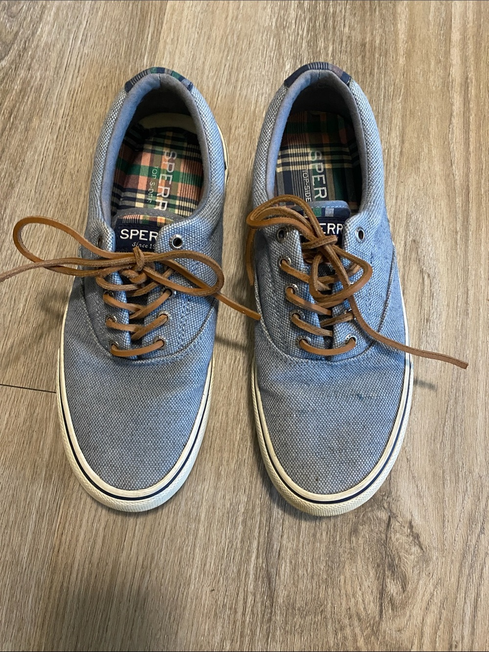 Sperry Light Blue Canvas Boat Shoes with Brown Laces